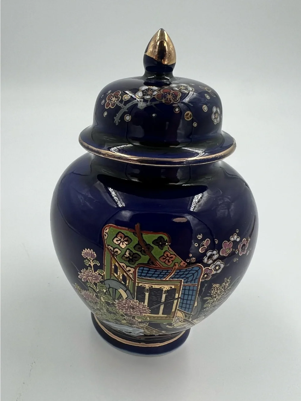 Vintage Sato Gordon Japan Kutani Cobalt Blue Ginger Jar Rickshaw & Flowers 4.5”